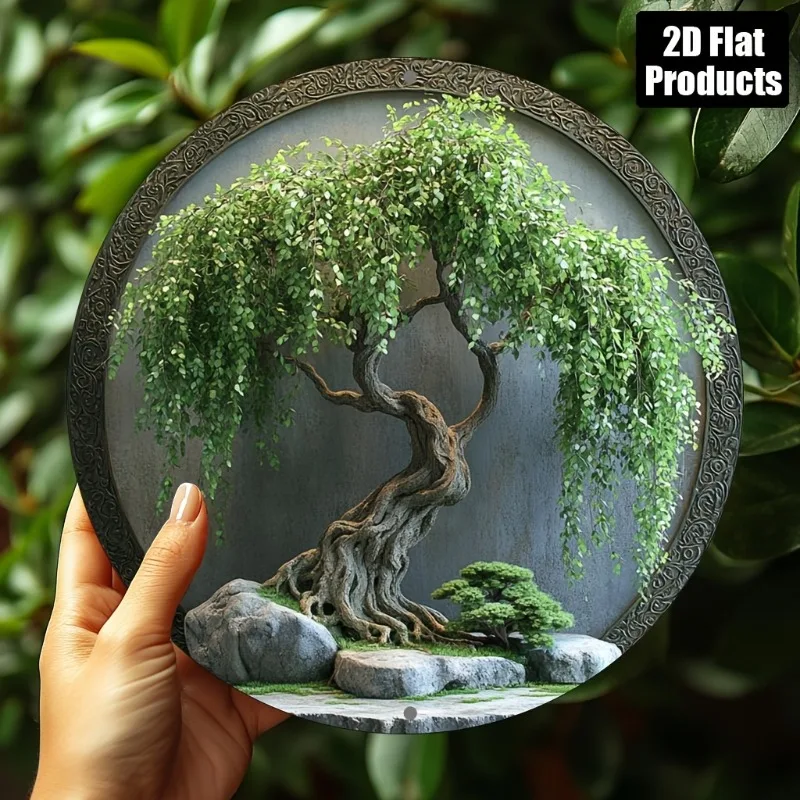 Bonsai Tree Zen Garden - ป้ายโลหะลายต้นวิลโลว์บอนไซโบราณ ตกแต่งผนังสไตล์วินเทจ ทนทาน เหมาะสำหรับตกแต่งสวนเซน ศิลปะตกแต่งผนังบ้านสไตล์โอเรียนทอล
