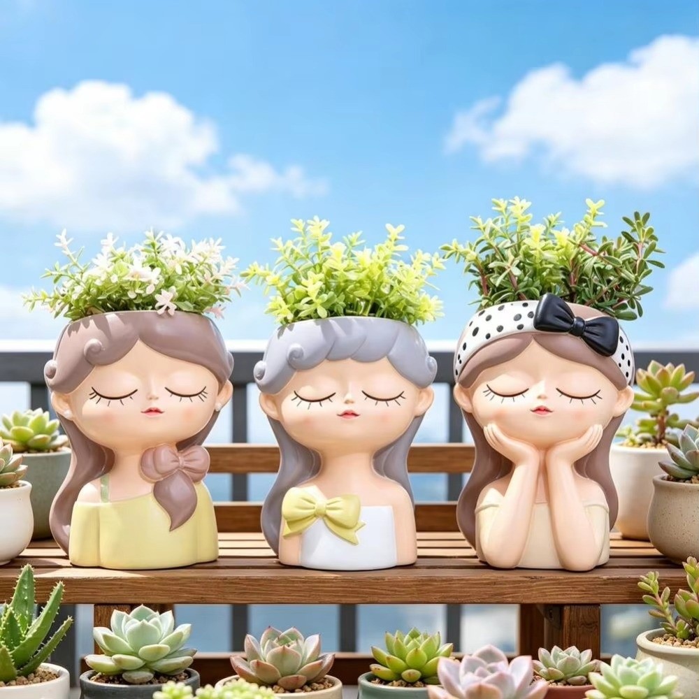 Bonsai Garden Cafe - อุปกรณ์ทำสวน กระถางต้นไม้รูปหน้าเด็กผู้หญิงเรซิ่น สไตล์นอร์ดิก กระถางดอกไม้แฟนตาซีสมจริง แจกันบอนไซการ์ตูน สำหรับคาเฟ่